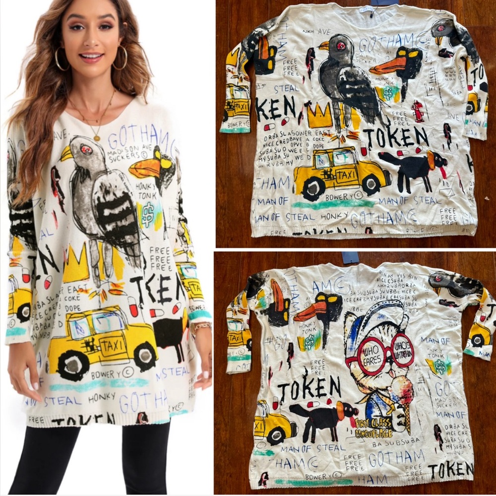 Ellazhu Basquiat-inspired Graphic Graffiti Print Oversized Sweater Women OS~NWT